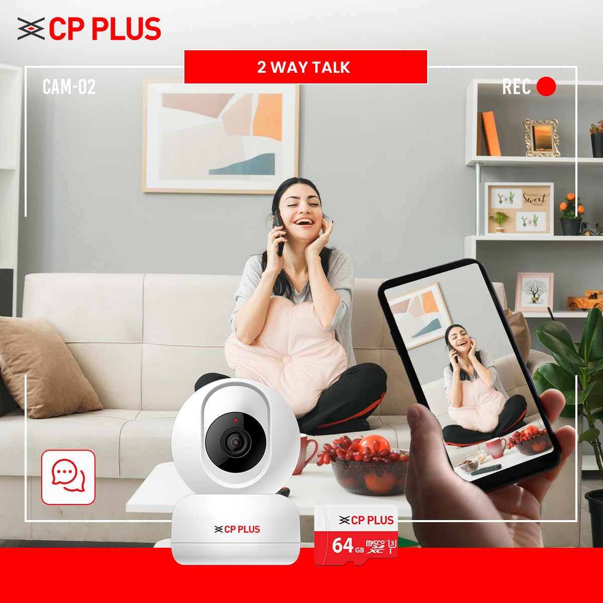 CP PLUS 3MP Full HD Smart Wi-Fi CCTV Home Security Camera CP-E36AM | 360° with Pan Tilt | 2 Way Talk | Motion Alert | Night Vision | 64GB Card SD Card not included - 3