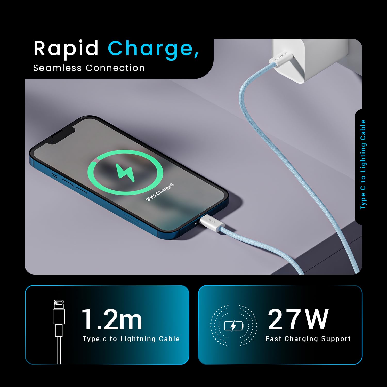 HAMMER 27W Type-C to Lightning 8 Pin Nylon Braided Cable, 27W Fast Charging - 1