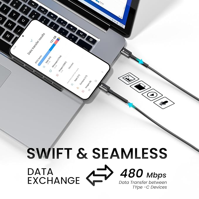 Portronics Konnect X 60W Type C to Type C Unbreakable Nylon Braided Cable, 1M Fast Charging Cable - 2