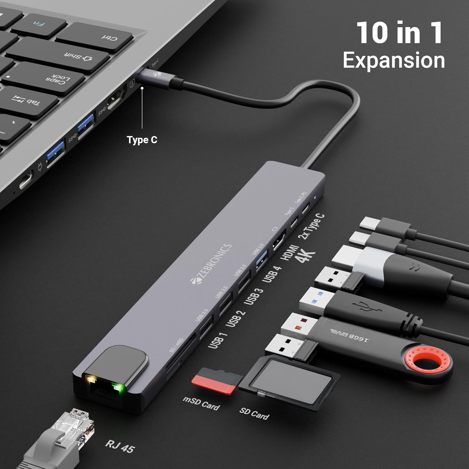 ZEBRONICS CT101, 10 in 1 Multiport HUB, 4K HDMI, 100 Watts PD Charging - 1