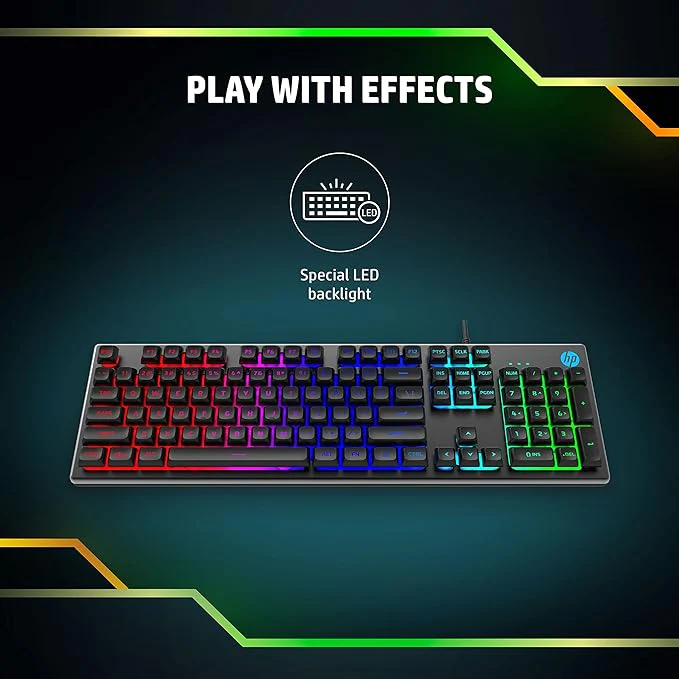 HP K500F Backlit Membrane Wired Gaming Keyboard with Mixed Color Lighting, Metal Panel with Logo Lighting, 26 Anti-Ghosting Keys, and Windows Lock Key - 3