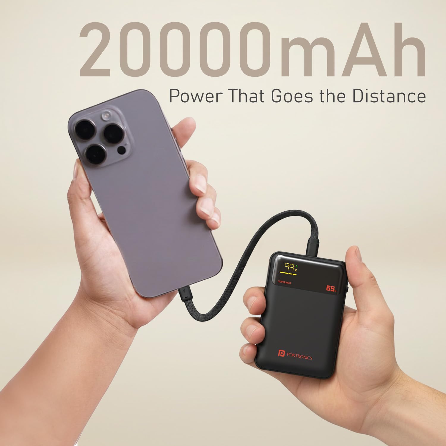 Portronics 65W Ignis 65 20000mAh Fast Charging Powerbank with in-Built Type C Cable - 1
