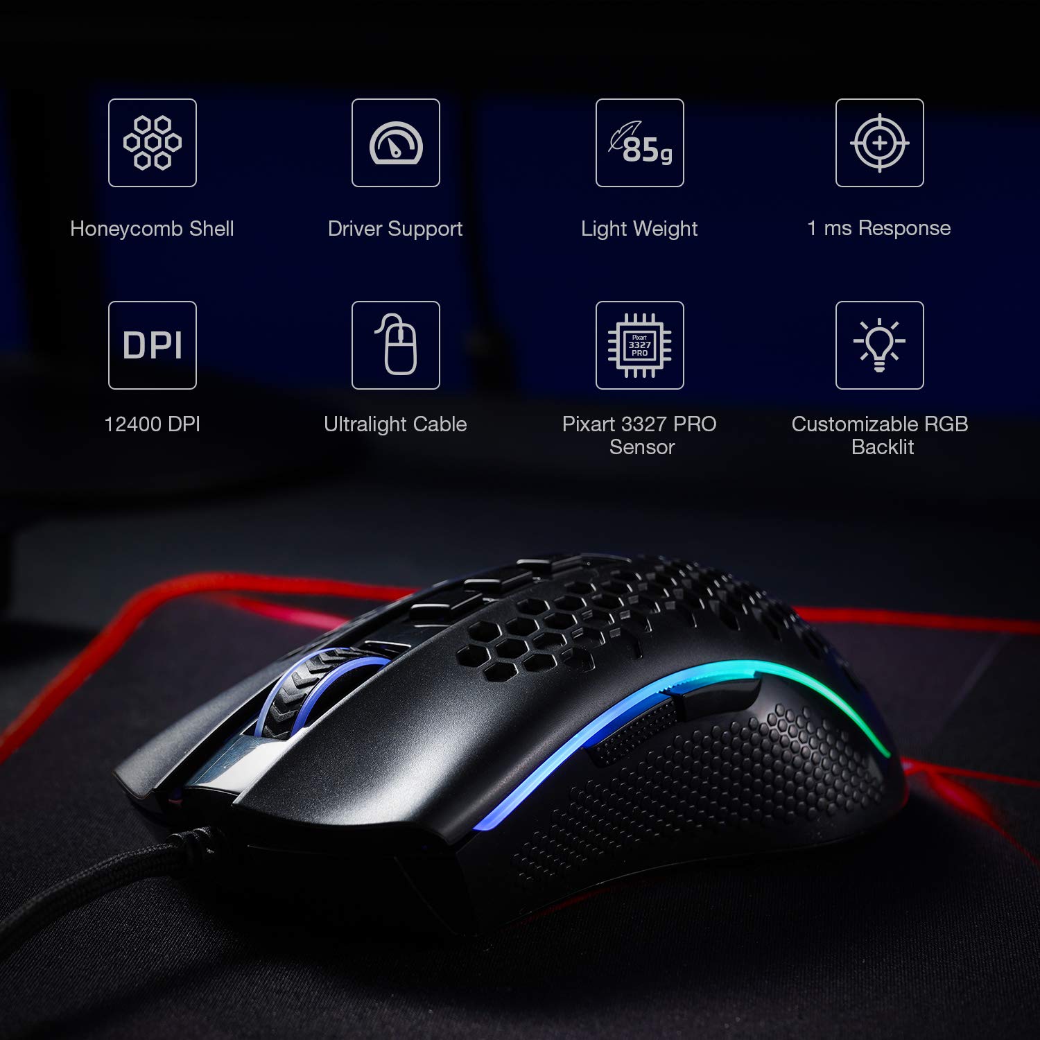 Redragon M808 Storm Lightweight USB RGB Gaming Mouse, 85g Ultralight Honeycomb Shell - 12,400 DPI Optical Sensor - 7 Programmable Buttons - Precise Registration - Super-Lite Cable - 2