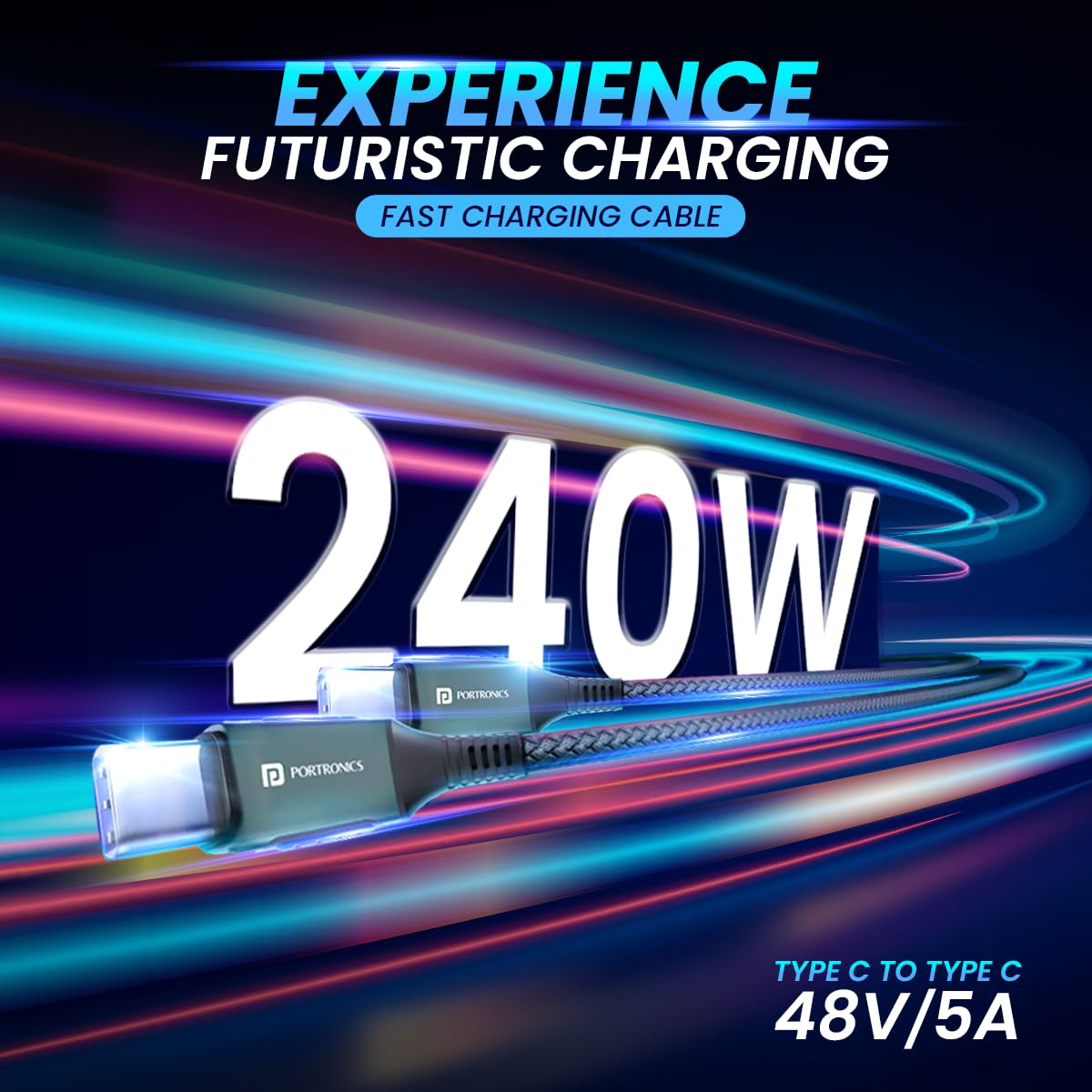 Portronics Konnect 240C 2M Long 240W Futuristic Type C Fast Charging Cable - 1