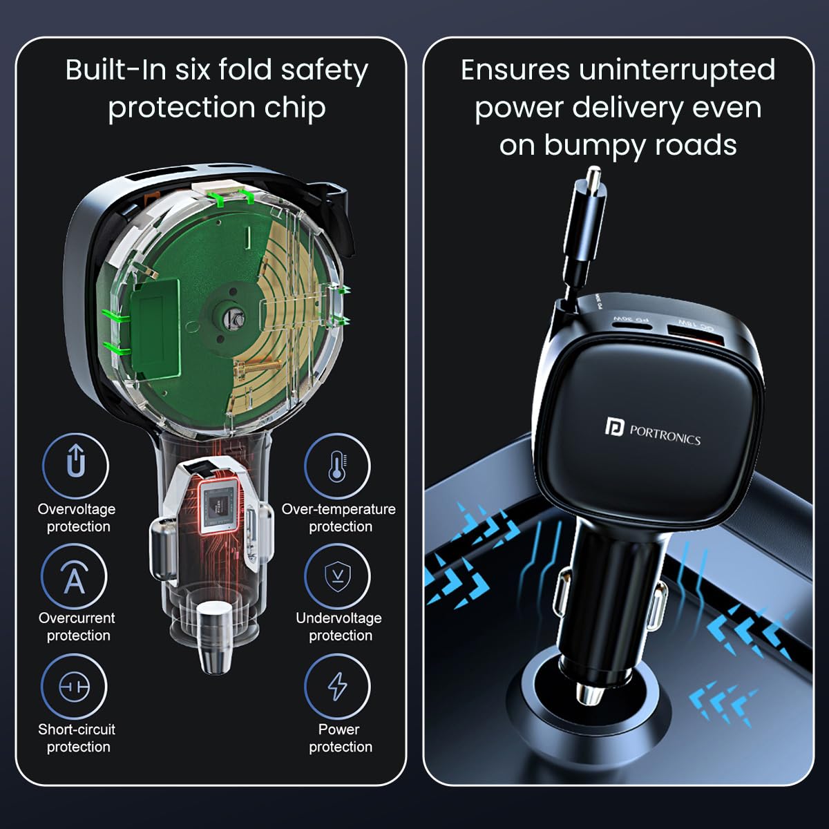 Portronics Car Power Retracto 84W 3 in 1 Car Charger, 80 cm Retractable Cable - 3