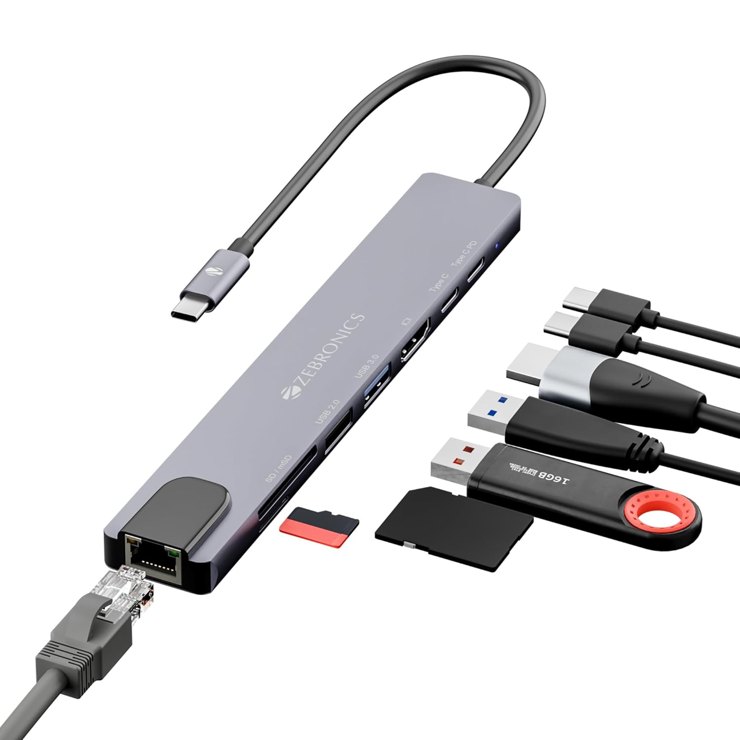 ZEBRONICS CT81, 8 in 1 Multiport HUB, 4K HDMI, 100 Watts PD Charging - 0
