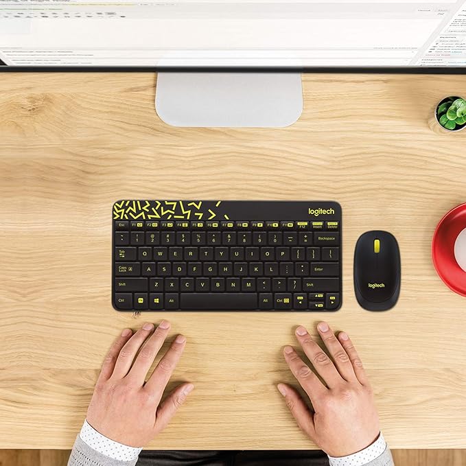 Logitech MK240 Nano Wireless Keyboard and Mouse Combo,12 Function Keys 2.4GHz Wireless, 1000DPI,Spill-Resistant Design, PC/Mac-Black/Chartreuse Yellow - 1