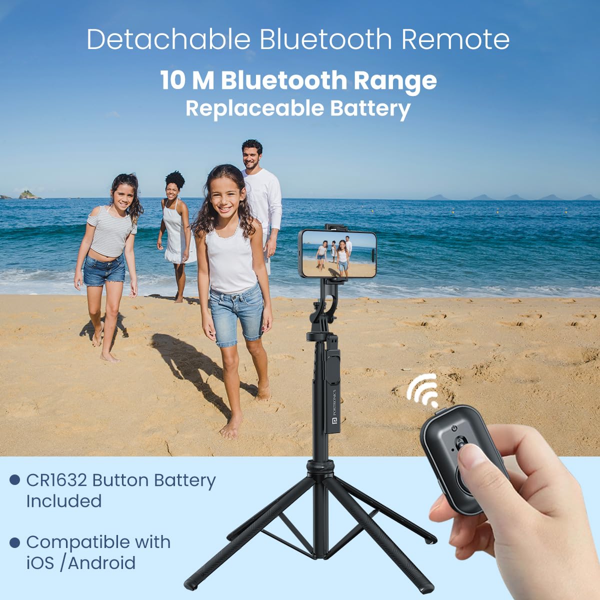 Portronics Lumistick, 2 Portable Smart Selfie Stick with Upto 6ft. Tripod Stand, 3 in 1 Multifunctional Design - 1
