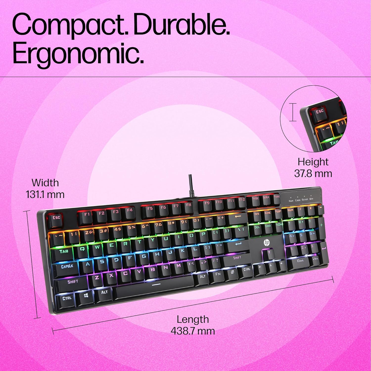 HP GK320 Wired Full Size RGB Backlight Mechanical Gaming Keyboard, 4 LED Indicators, Mechanical Switches, Double Injection Key Caps, and Windows Lock Key - 1