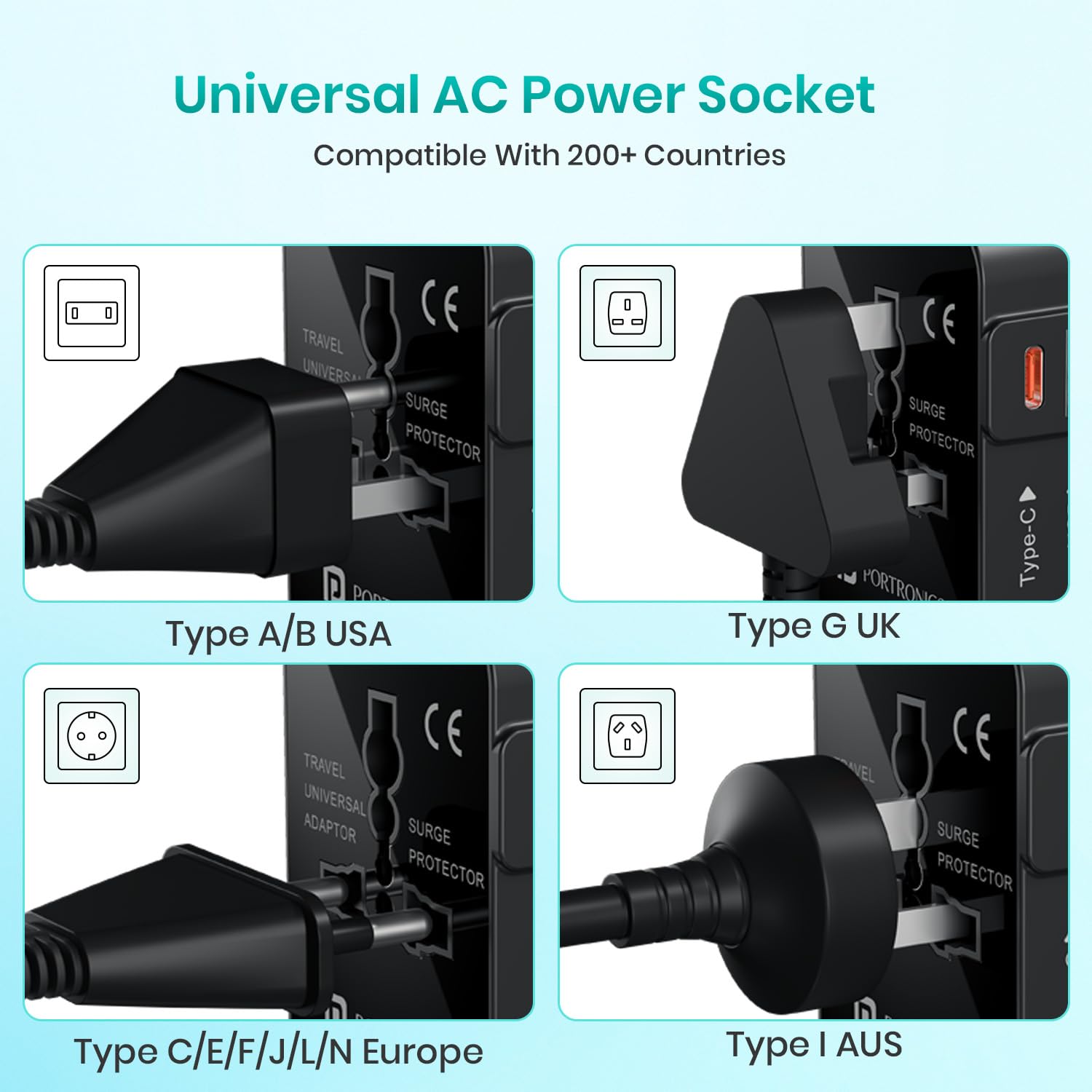 Portronics Juicemate Universal Travel Adapter with 20W Type C PD & 18W USB-A Output Port - 2