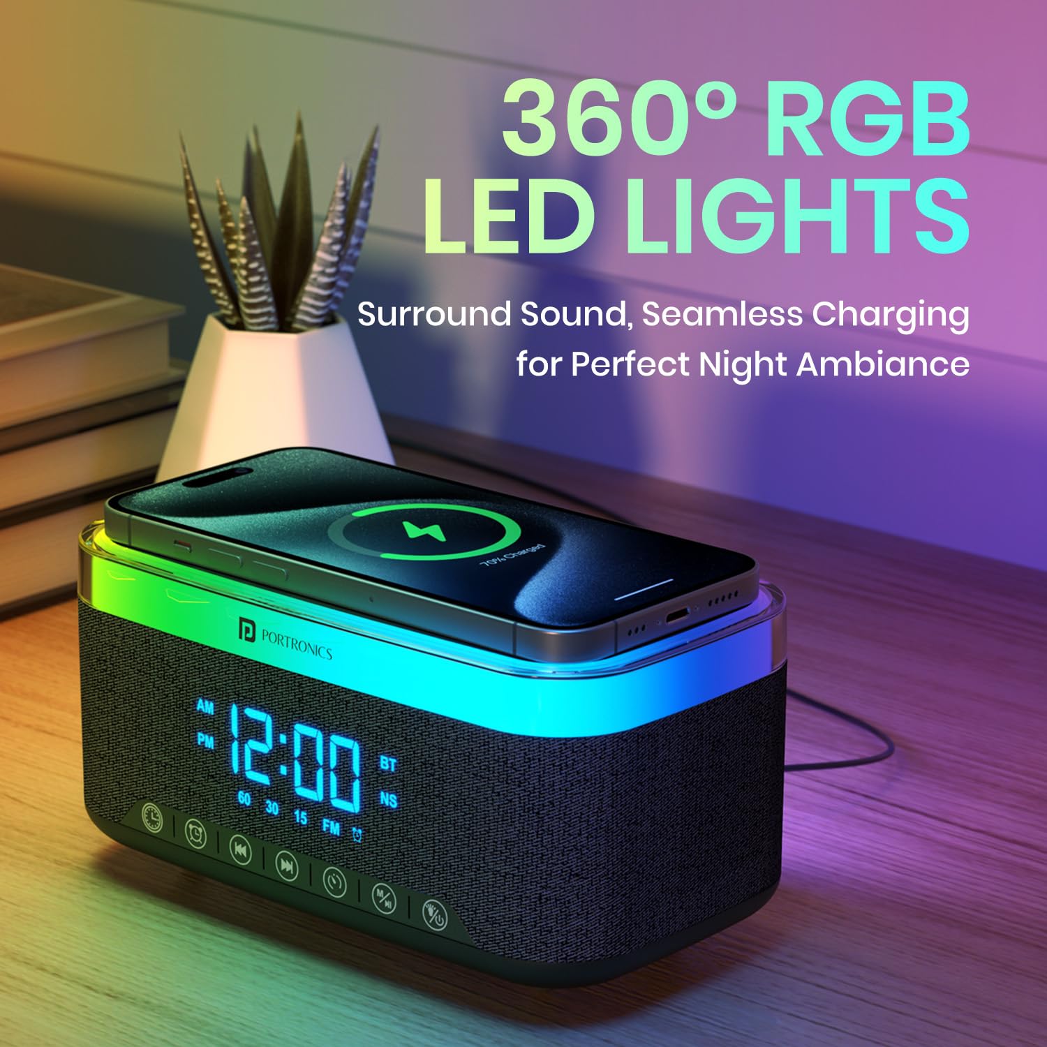 Portronics Trifusion 16W HD Sound Bluetooth Speaker with 15W Wireless Charging, 360°RGB LED Lights - 1