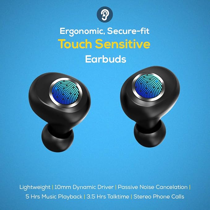 pTron Bassbuds Jets True Wireless Bluetooth 5.0 in Ear Earbuds, 20Hrs Total Playback with Case, Deep Bass, Touch Control, IPX4 Water Resistant, Voice - 1