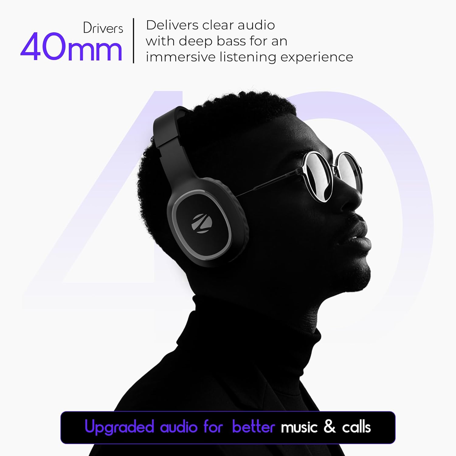 Zebronics Thunder Wireless Headphones, BTv6.0, True 60 Hrs Playback at 100% Volume 40mm Drivers, ENC - 1