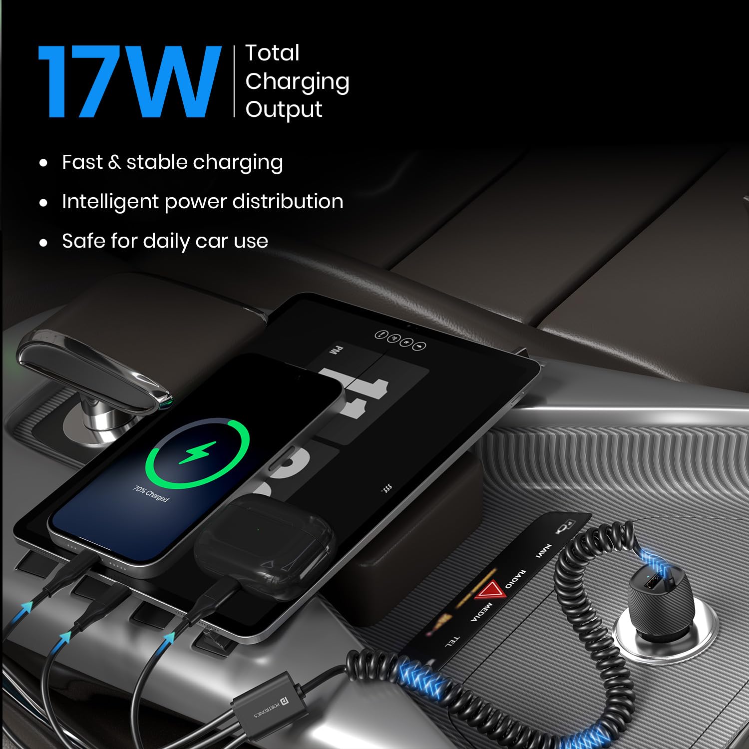 Portronics Car Power 3X, 17W Car Charger with 12W Built-in 3-in-1 Coiled Cable - 1