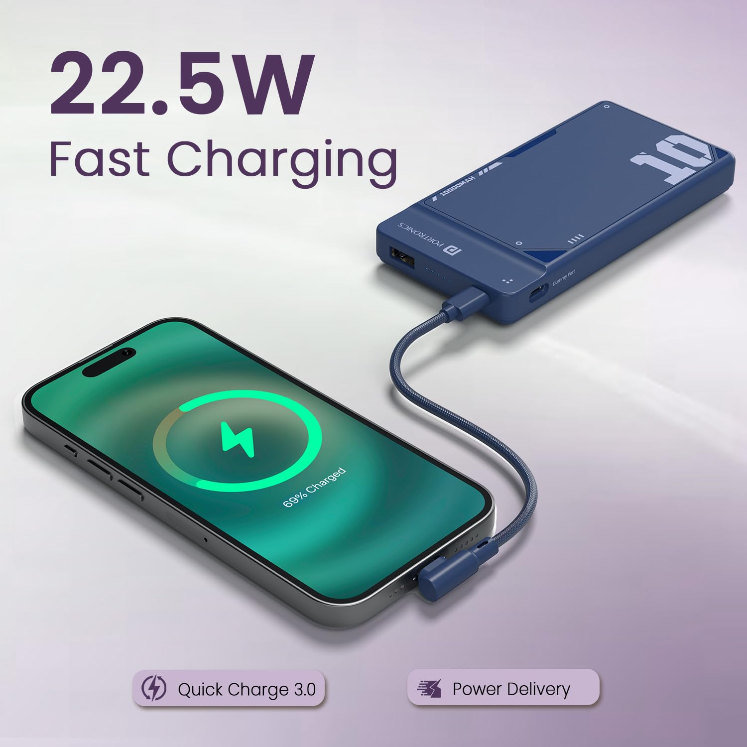 Portronics Luxcell Uno 10K 10000 mAh 22.5W Fast Charging Power Bank with Detachable Type C Cable - 2