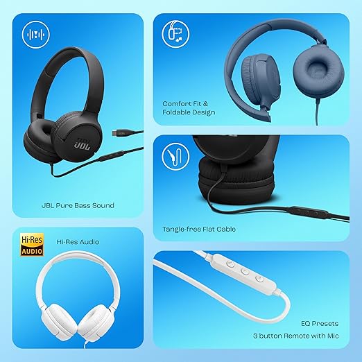 JBL Tune 520C On Ear Type C Wired Headphone, Pure Bass Sound,3-Button Remote with Microphone - 2