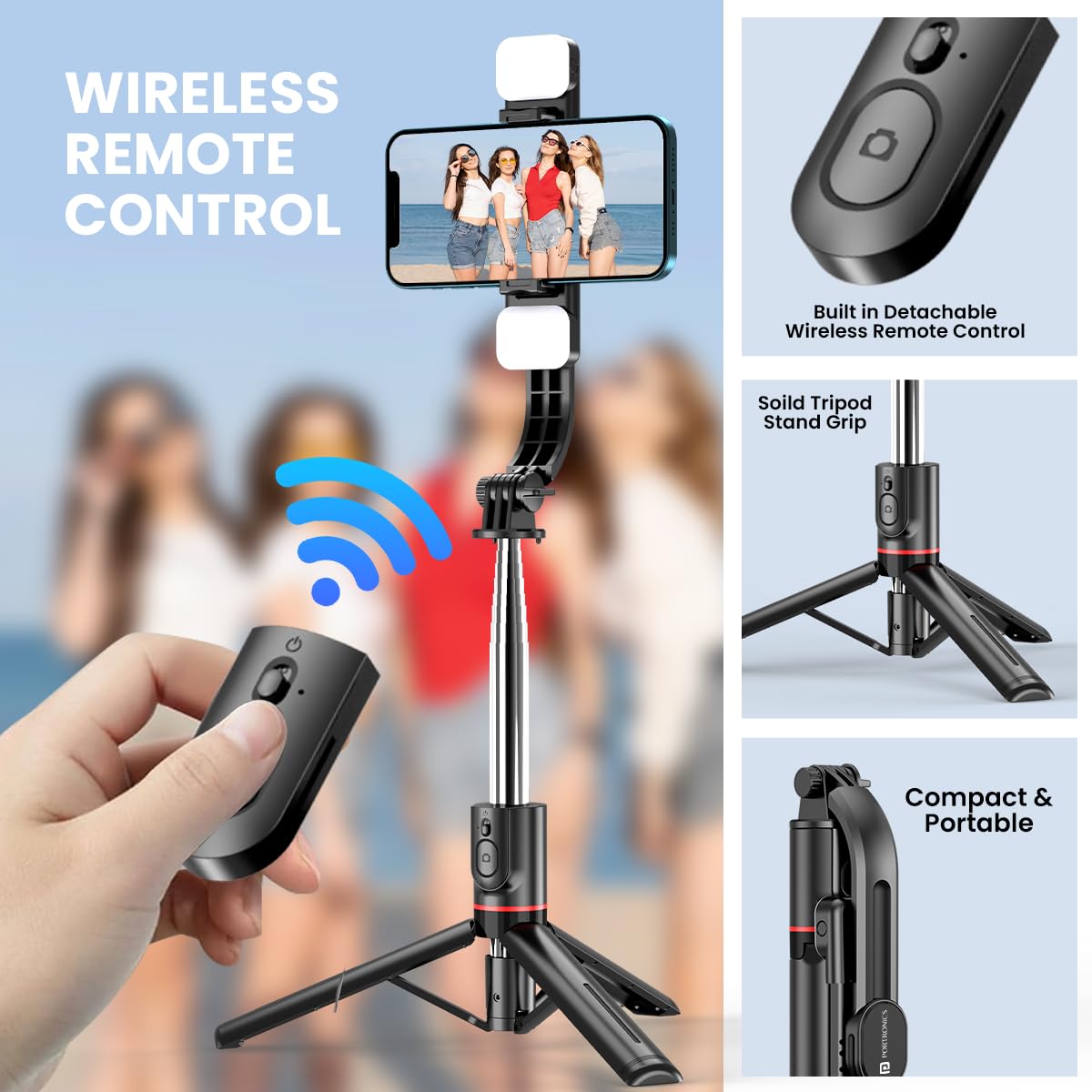 Portronics Lumistick Smart Selfie Stick with 360 Degree Rotation, Bluetooth v5.3, 1160mm Extension Rod, 3 Light - 2