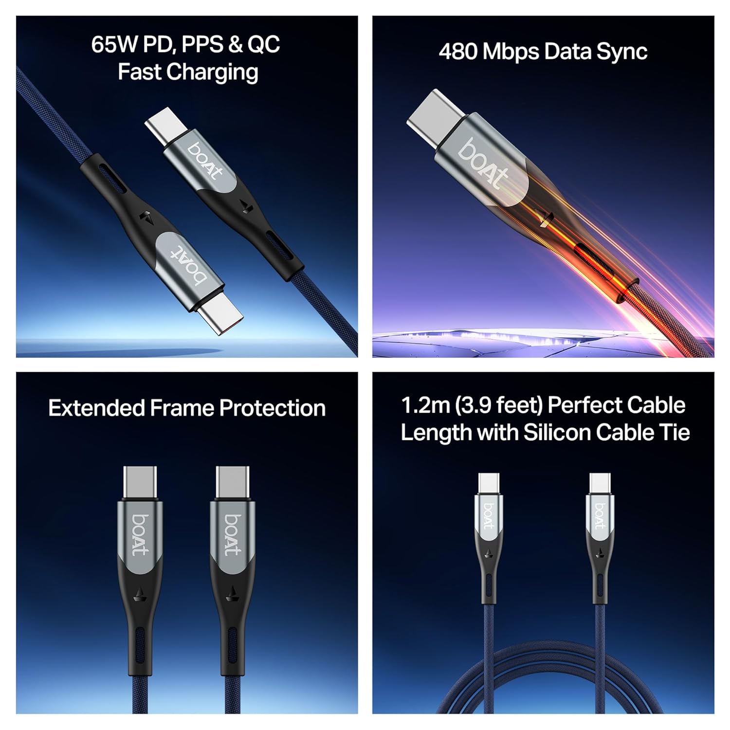 boAt Type C to C 65W Fast Charging Cable with 480 Mbps Data Transfer, Tangle-Free Cable in Premium Nylon - 1