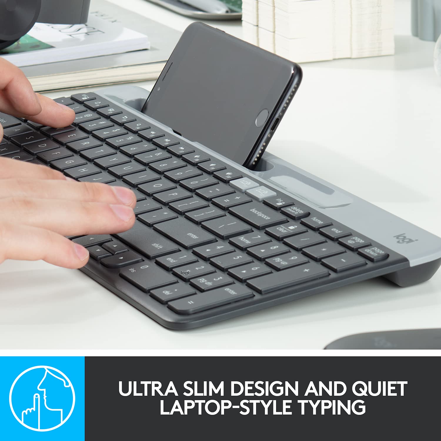 Logitech K580 Slim Multi-Device Wireless Keyboard - Bluetooth/Receiver, Compact, Easy Switch, 24 Month Battery, Win/Mac, Desktop, Tablet, Smartphone, Laptop Compatible - 1