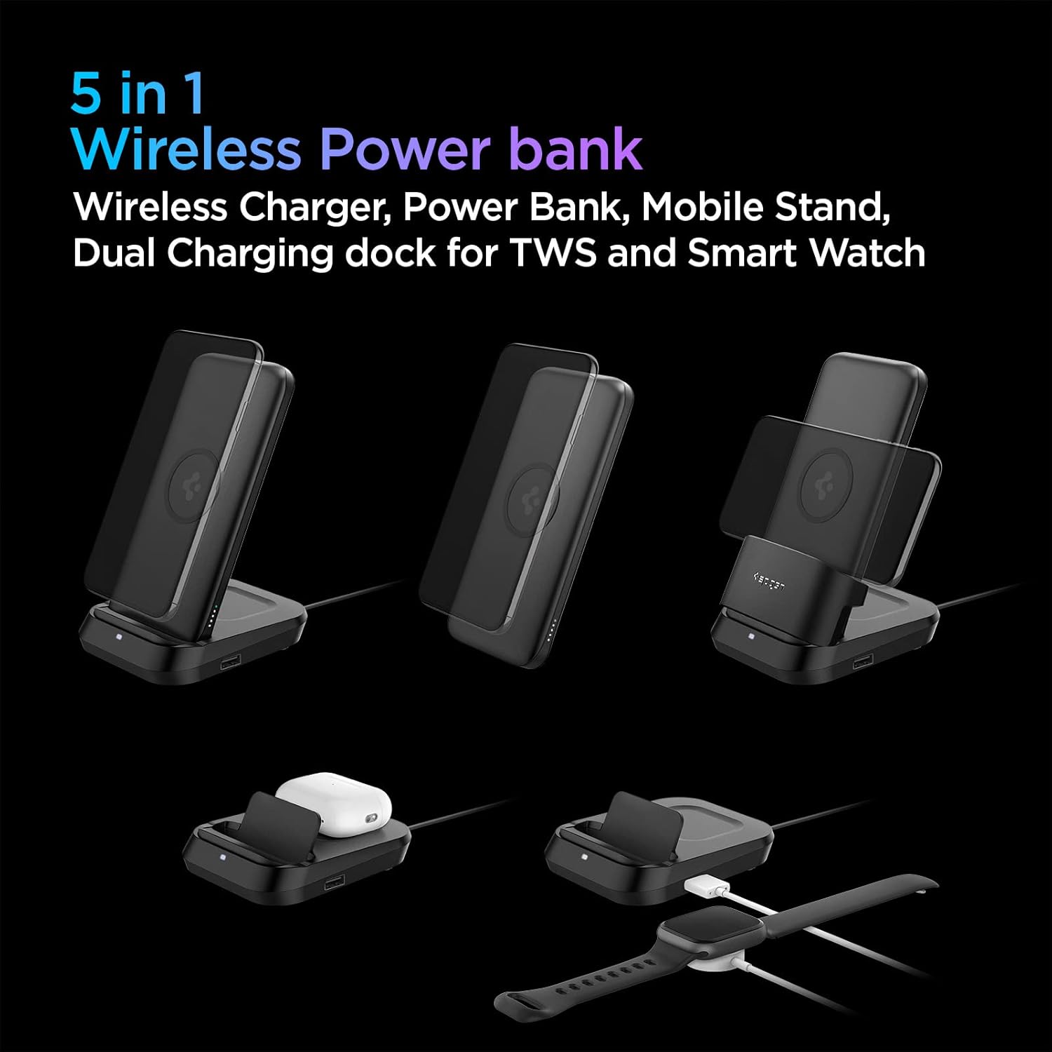 Spigen 5in1 10000mAh Wireless Power Bank with USB-C Dual Charging Dock for Airpods and Smartwatches, Lithium Polymer - 1