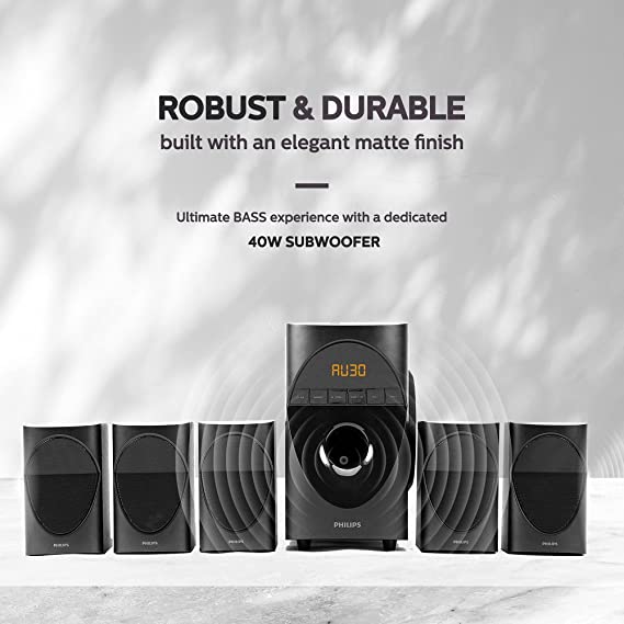 Philips Audio in-SPA 5190B/94 5.1 Channel 90W Multimedia Bluetooth Speaker System with 5x10W Satellite Speakers, LED Display, 40W Subwoofer & Multi-Co - 0