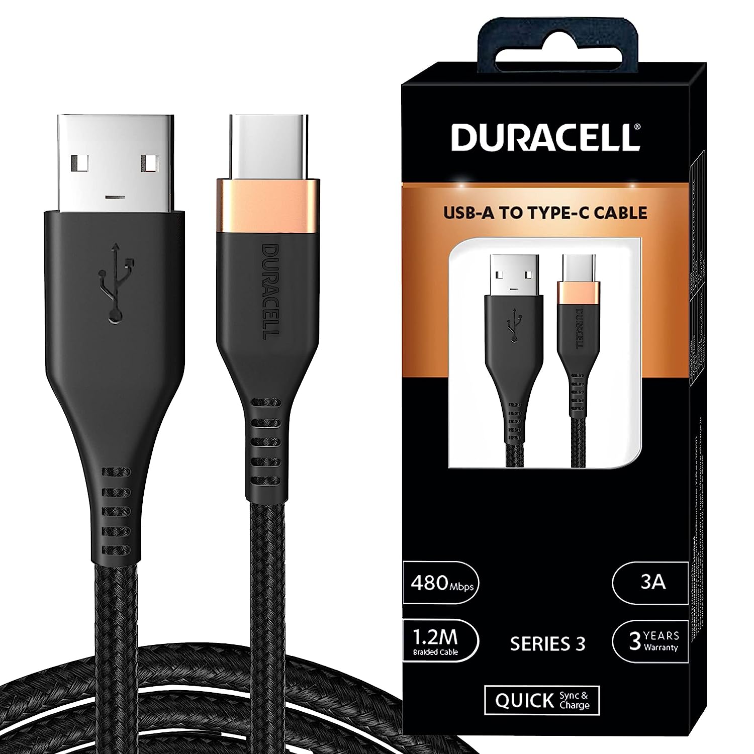 Duracell USB Type C, 3A Braided Sync & Fast Charging Cable, 3.9 Ft (1.2M), QC 2.0/3.0 Ultra Fast Charging, Compatible with Samsung, One Plus & all C t Total - 0