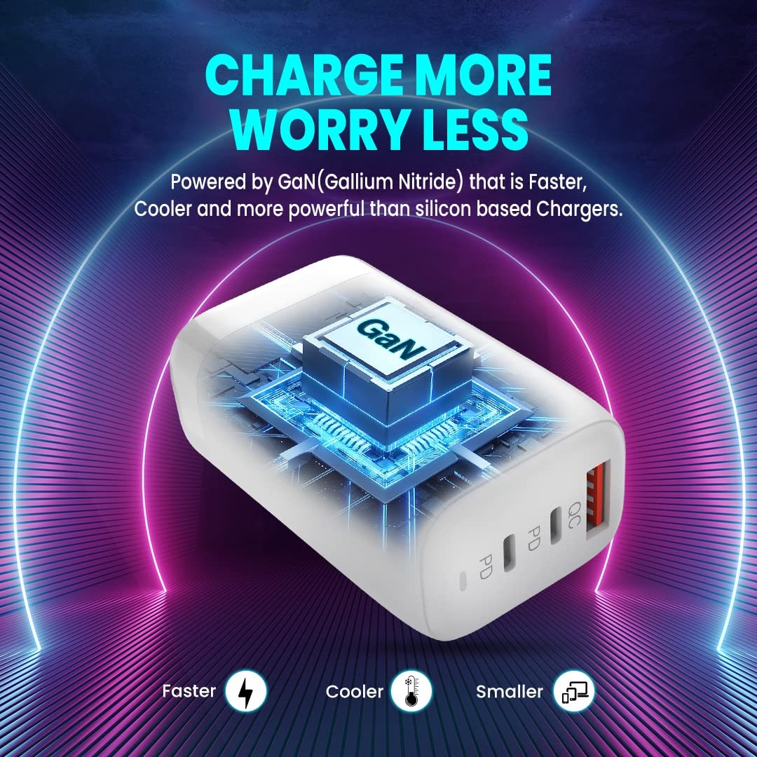 FLiX (Beetel) Storm 65W PD & QC GaN Tech Fast Charging Wall Charger for Mobile(Android/iOS), Laptop & MacBook, Triple Output (1Type A+2Type C),Wide Compatibility, with 65W Type C Cable - 2