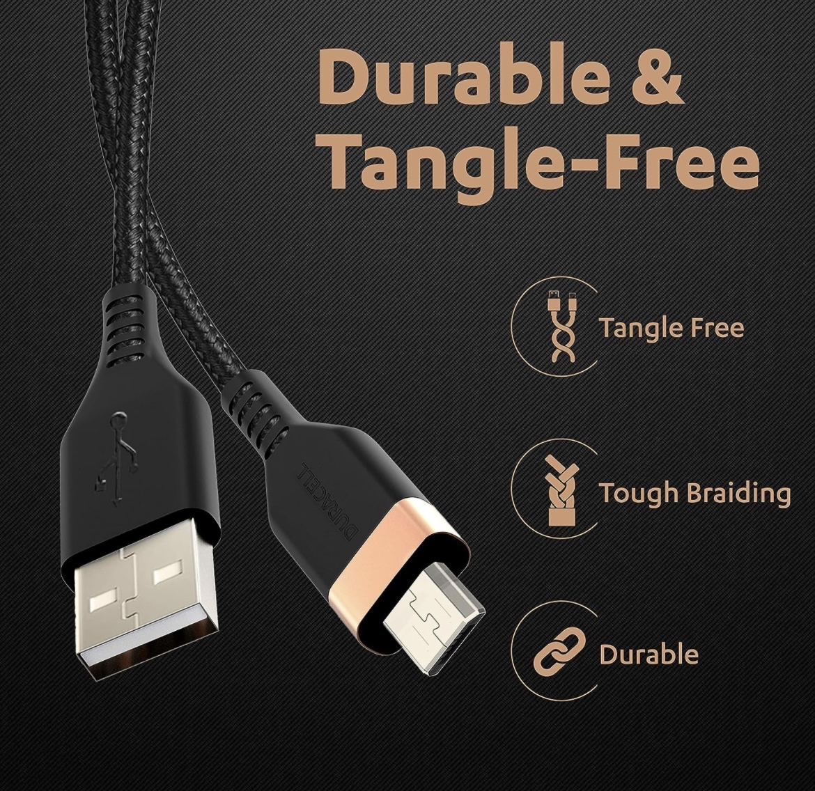 Duracell Micro USB 3A Braided Sync & Fast Charging Cable, 3.9 Feet (1.2M). Supports QC 2.0/3.0 Charging, High Speed Data Transmission - Black Total - 2