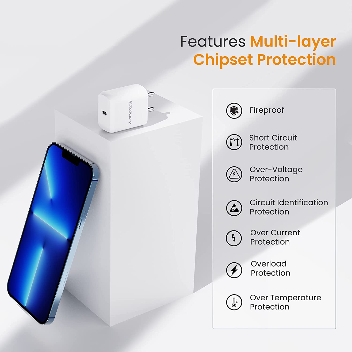 Ambrane 20W Type C Charger/Adapter, PD Technology Fast Charging for iPhone 8 or Above, Android & Other Type C Enabled Devices, Multi-Layers Protection Total - 1
