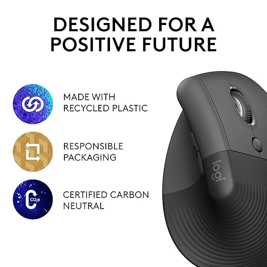 Logitech Lift Vertical Ergonomic Mouse, Wireless, Bluetooth or Logi Bolt USB Receiver, Quiet clicks, 4 Buttons - 2