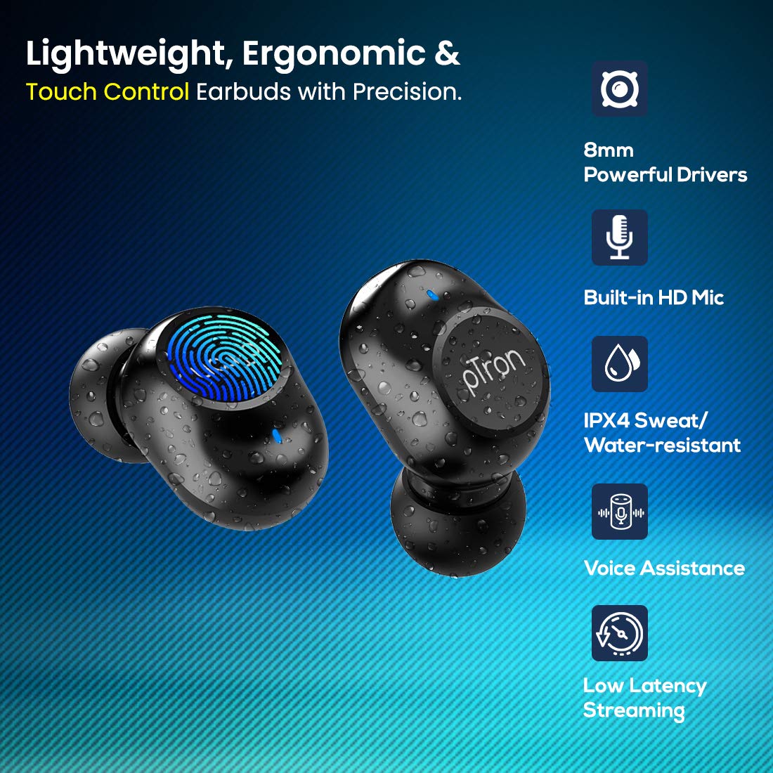 pTron Bassbuds Pro (New) in-Ear True Wireless Bluetooth 5.1 Headphones, Deep Bass, Low Latency Gaming Earphones, Touch Control, IPX4 Water/Sweat Resis Total - 2