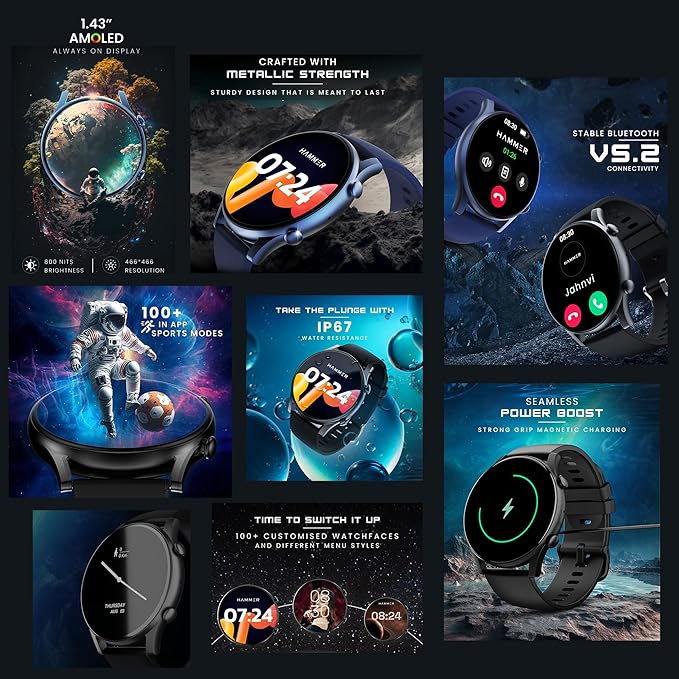 HAMMER Glide 1.43" AMOLED Display Smart Watch for Men with Bluetooth Calling, 466 * 466 PX, Always on Display - 2