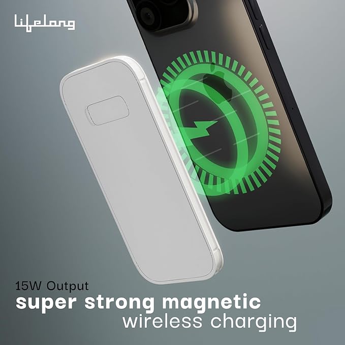 Lifelong ChargeMate 10000 mAh 22.5 W Wireless with MagSafe Slim Pocket Size Power Bank (White, Lithium Polymer, Fast Charging, Quick Charge 3.0 - 1