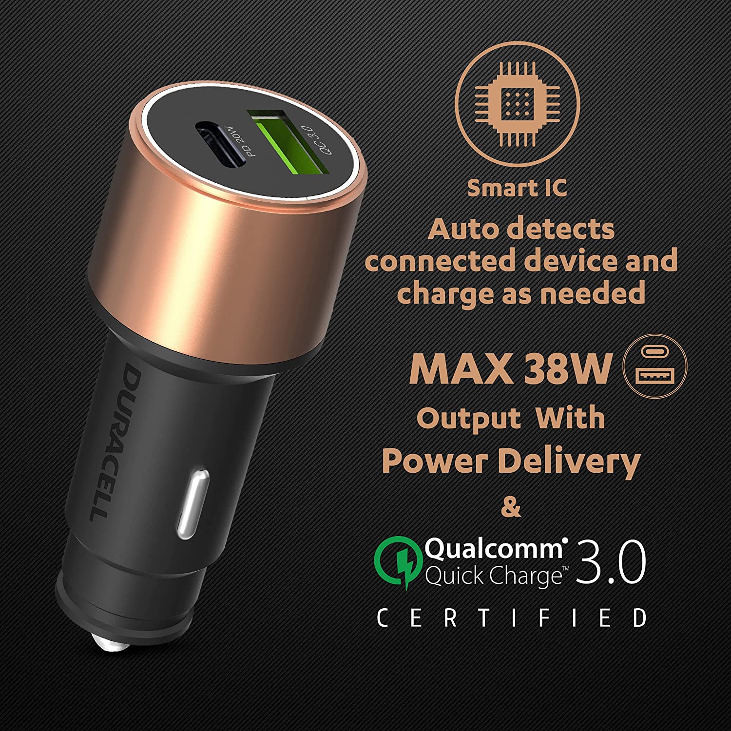 Duracell 38W Fast Car Charger Adapter with Dual Output. Quick Charge, Type C PD 20W & Qualcomm Certified 3.0 Compatible for iPhone, All Smartphones, T Total - 2