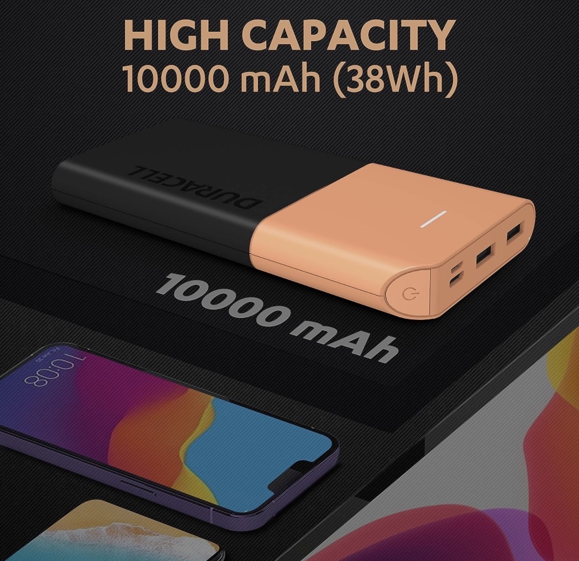 Duracell Power Bank 10000 mAh, Portable Charger, USB C/Micro USB Input, USB A/USB C Output, Fast Charge Technology, 22.5W Power Delivery for Smartphon - 1