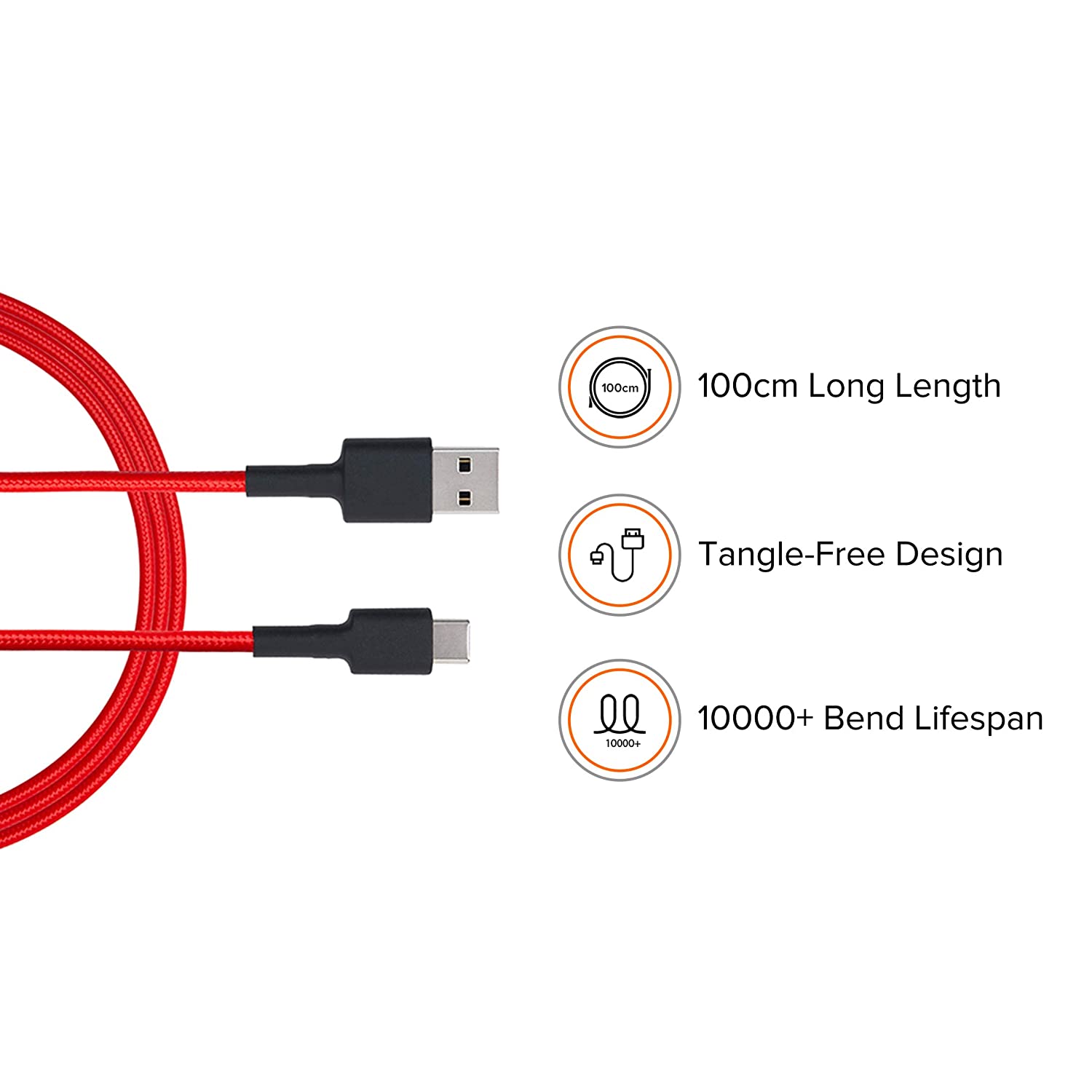 MI Braided Type C 100cm Cable Red|Supports Upto 22.5 Fast Charging|Tangle Free Sturdy Built with Kevlar Protection|Supports All mobiles & Accessories Total - 2
