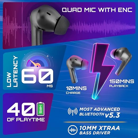 Fastrack Fpods(New Launch) FS100 Bluetooth TWS in-Ear Earbuds with 40 Hrs Playtime |BT V5.3|10mm Extra Deep Bass Drivers|Quad Mic ENC - 1