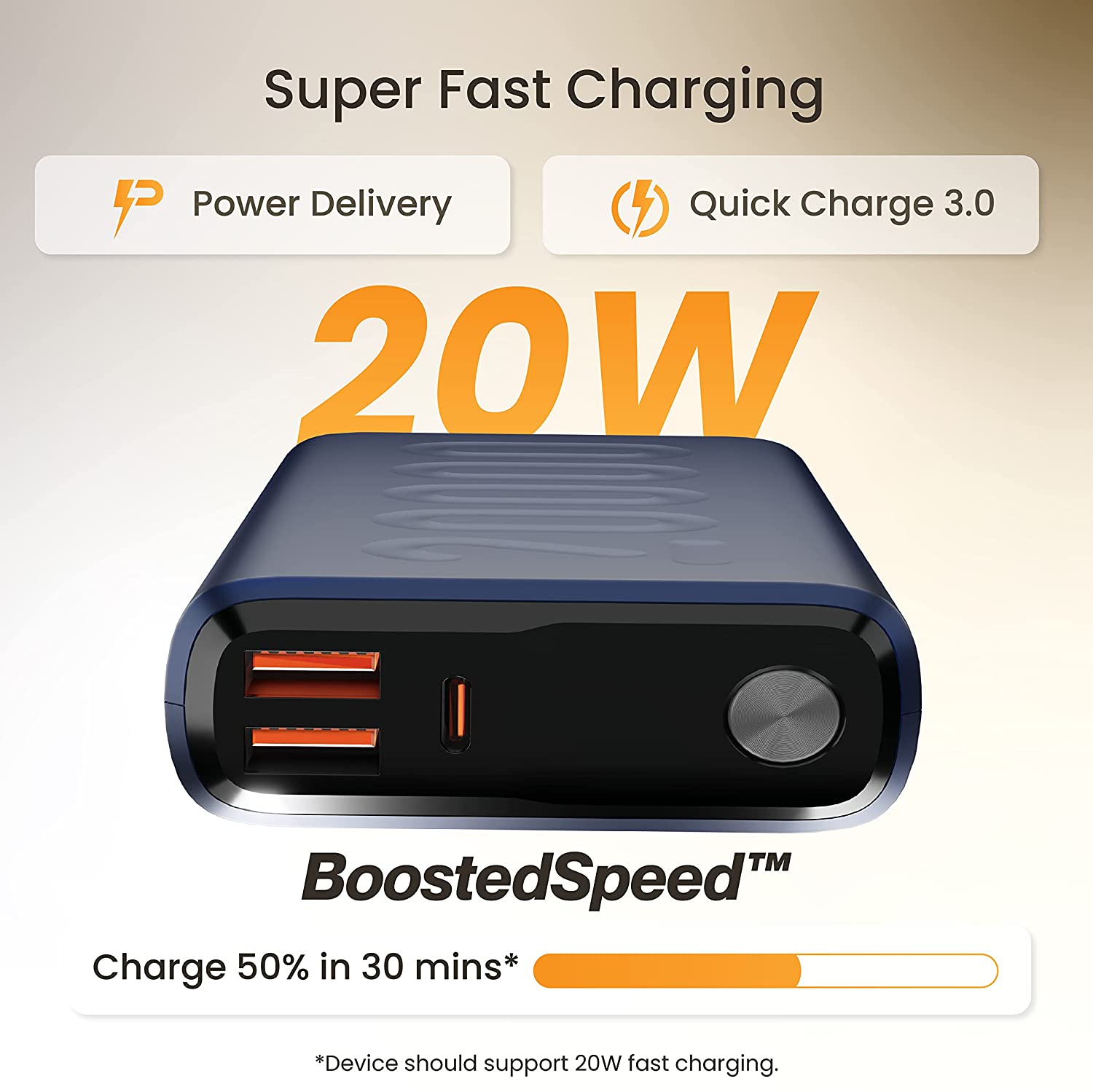 Ambrane 20000mAh Power Bank with 20W Fast Charging, Triple Output, Power Delivery, Type C Input, Made in India, Multi-Layer Protection, Li-Polymer + T Total - 1