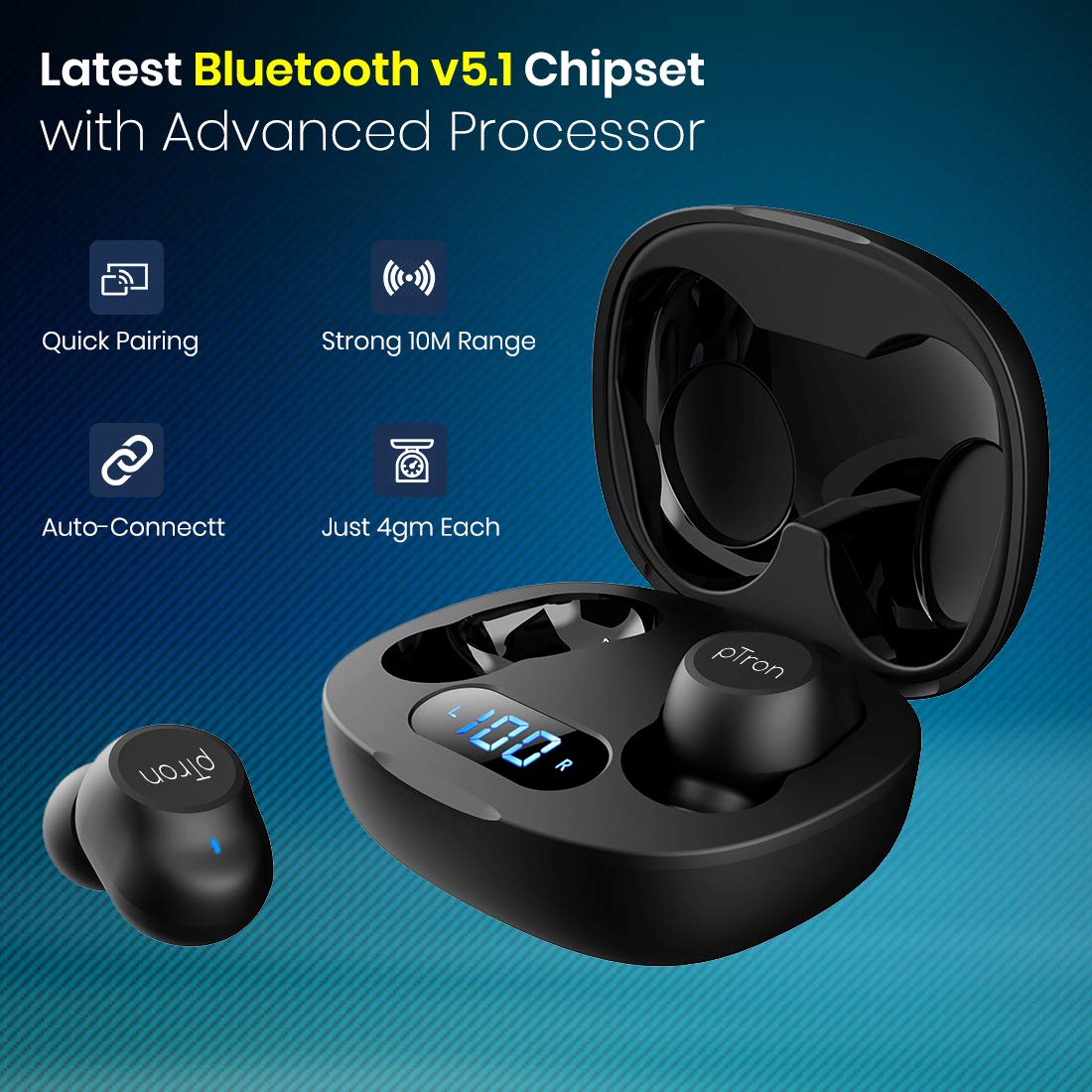 pTron Bassbuds Pro (New) in-Ear True Wireless Bluetooth 5.1 Headphones, Deep Bass, Low Latency Gaming Earphones, Touch Control, IPX4 Water/Sweat Resis Total - 1