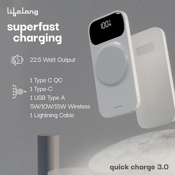 Lifelong ChargeMate 10000 mAh 22.5 W Wireless with MagSafe Slim Pocket Size Power Bank (White, Lithium Polymer, Fast Charging, Quick Charge 3.0 - 3