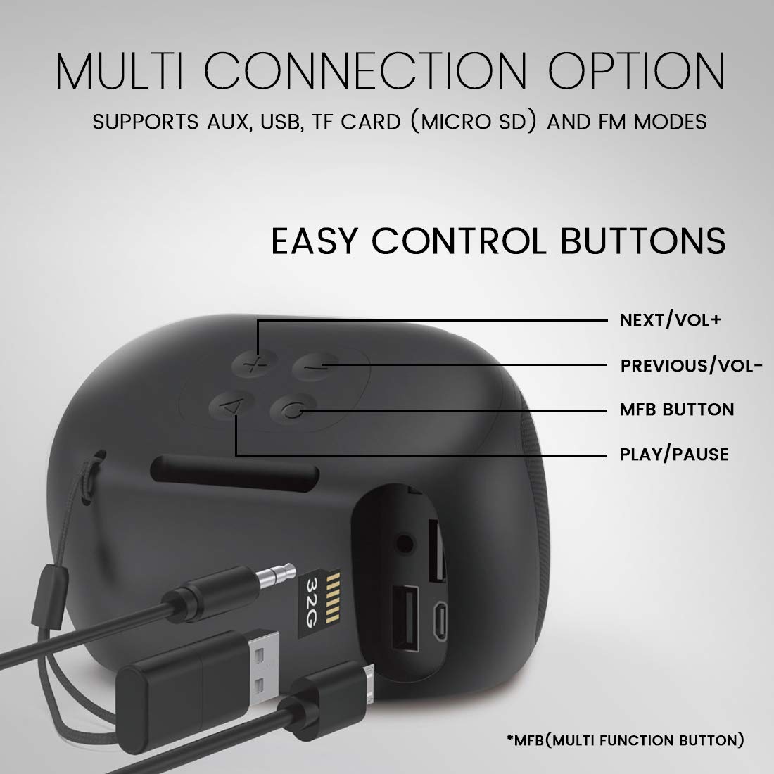 Lumiford GoMusic BT12 Wireless Bluetooth Speaker with Mic, Portable Speaker with Unique TWS Connection, Splash Proof, Voice Assistance & multi connectivity Options (3.5 AUX, USB, Micro-SD, FM Radio) - 3