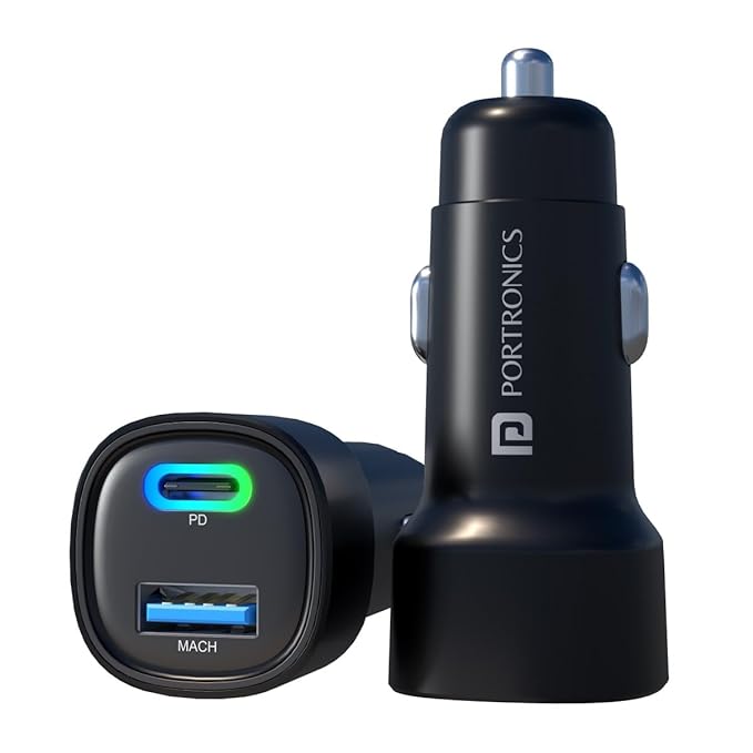 Portronics car power 30 Dual Output Fast Car Charger with 30W Type-C PD & 30W USB, LED Indicator - 0