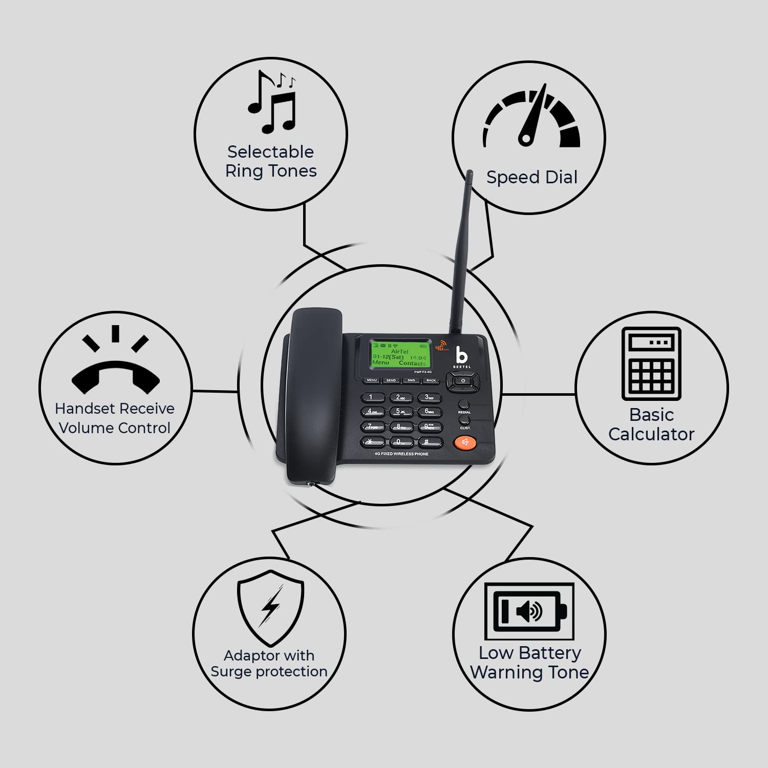Beetel F3 4G Fixed Landline Wireless Phone with Hotspot, LED Backlight, 2 Way Digital Speaker, Supports 4G Volte, 4G LTE, 3G, 2G (F3)(Black) - 3
