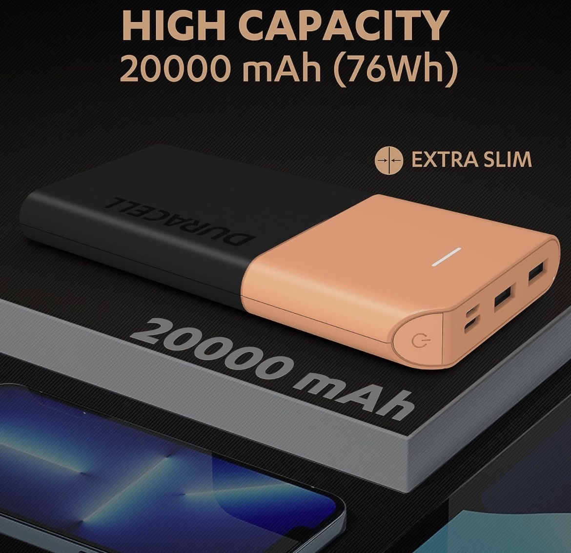 Duracell Power Bank 20000 mAh, Portable Charger, USB C/Micro USB Input, USB A/USB C Output, Fast Charge Technology, 22.5W Power Delivery for Smartphon - 1