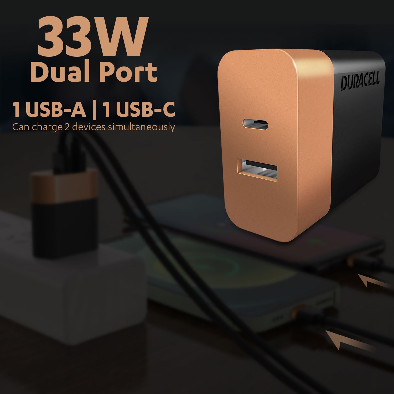 Duracell 33 Watts Fast Wall Charger Adapter, Dual Port, USB A, PD, Fast Mobile Charger Compatible with iPhone,Google, iPad, Samsung, Note, Redmi, Mi, - 1