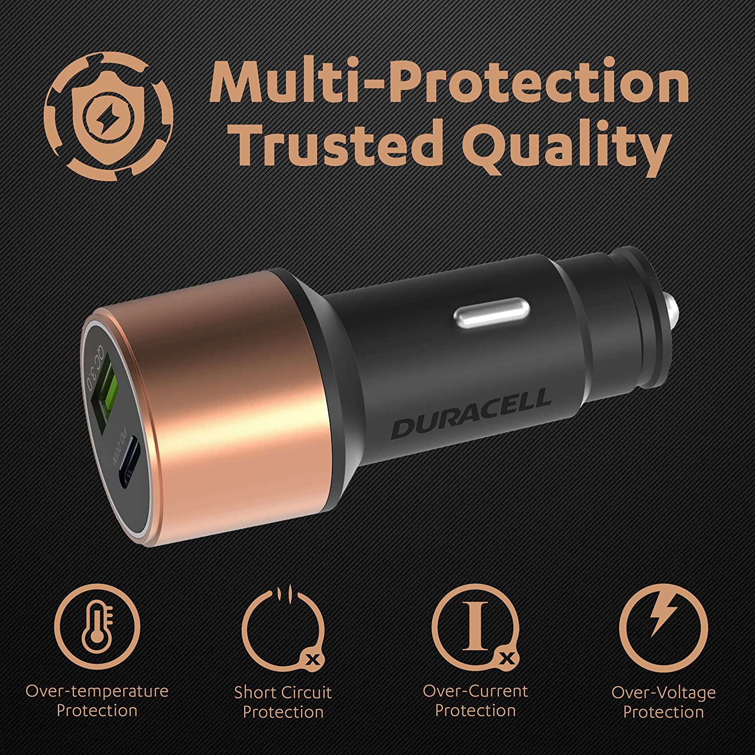 Duracell 38W Fast Car Charger Adapter with Dual Output. Quick Charge, Type C PD 20W & Qualcomm Certified 3.0 Compatible for iPhone, All Smartphones, T Total - 1