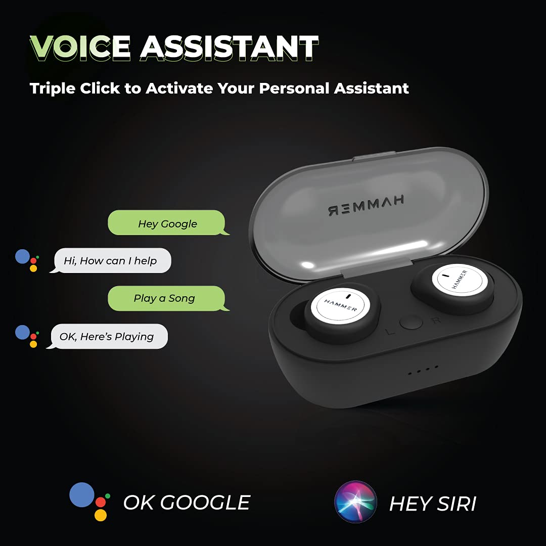 HAMMER Airflow Truly Wireless Earbuds (TWS), Bluetooth 5.0, 3-4 Hours Playtime, 10M Range, Wireless Headphone with Magnetic Charging Case (300mah), in Total - 2