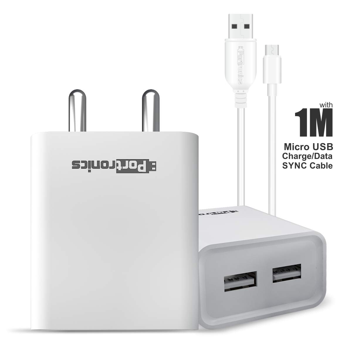 Portronics Adapto 66 POR-1066 2.4A Dual USB Ports Charging Adapter with 1M Micro USB Cable (White) Total - 1