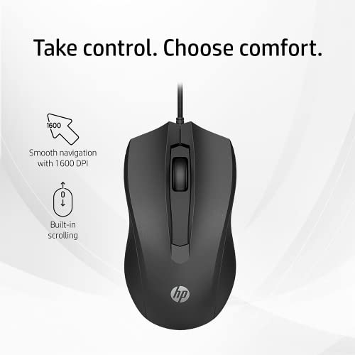 HP Wired Mouse 100 with 1600 DPI Optical Sensor, USB Plug-and -Play,ambidextrous Design, Built-in Scrolling and 3 Handy Buttons - 1