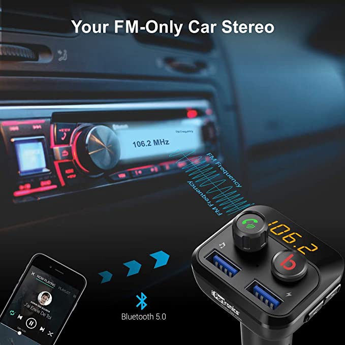 Portronics AUTO 10 POR-320, Bluetooth - FM Transmitter in-Car Radio Adapter for Hands-Free Calling, Music Streaming, Micro SD + USB Music, 3.4A Dual U - 4